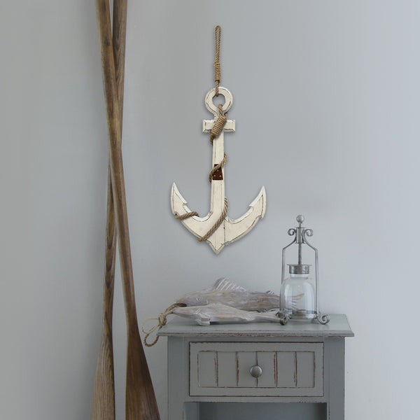 Distressed White Nautical Anchor Wood Wall Decor