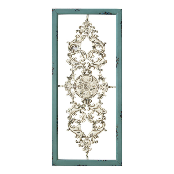 Distressed White and Turquoise Framed Scroll Metal Panel