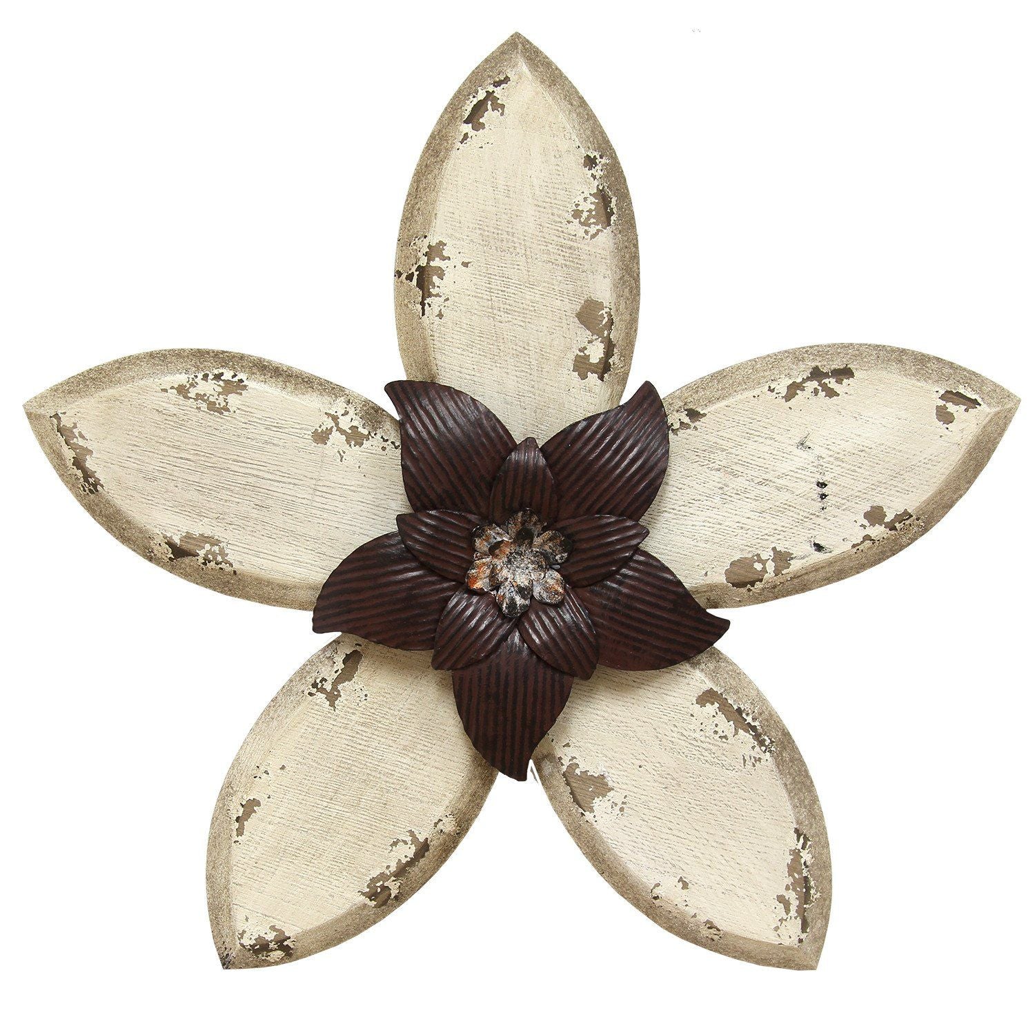 Antiqued Look Ivory and Espresso Metal Flower Wall Decor