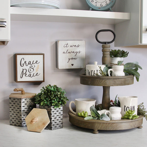 Two-Tier Decorative Wood Stand with Metal Handle