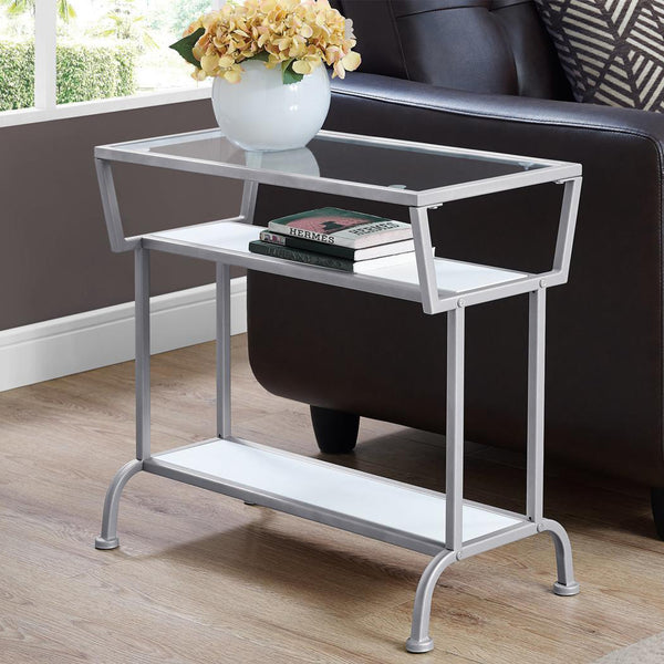 12" x 24" x 22" White Accent Table in Silver Metal with Clear Tempered Glass