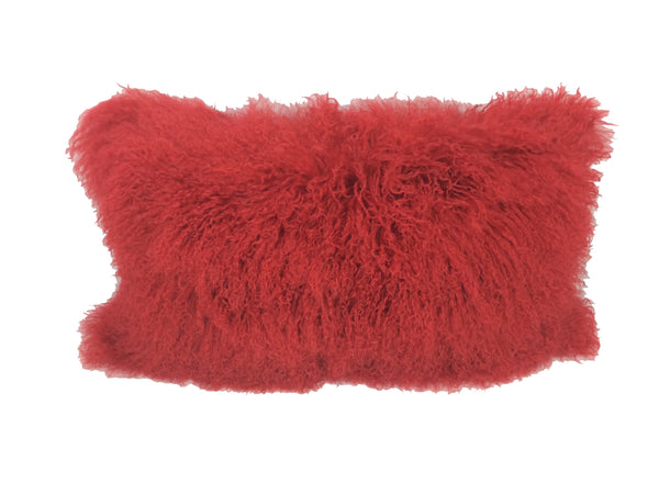 17" Red Genuine Tibetan Lamb Fur Pillow with Microsuede Backing