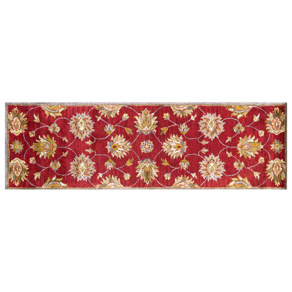 2' x 7' Red Floral Vines Bordered Wool Runner Rug