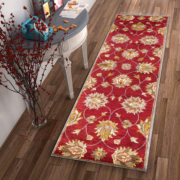 2' x 7' Red Floral Vines Bordered Wool Runner Rug