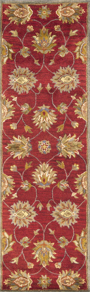 2' x 7' Red Floral Vines Bordered Wool Runner Rug