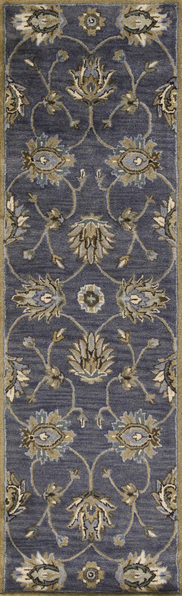 7' Midnight Blue Hand Tufted Wool Traditional Floral Indoor Runner Rug