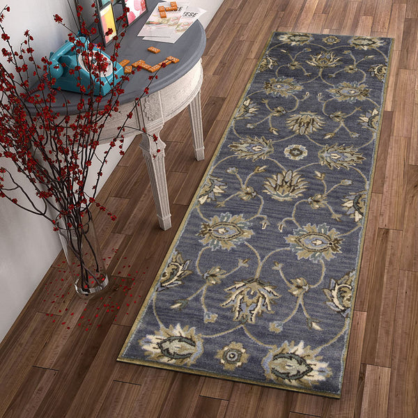 7' Midnight Blue Hand Tufted Wool Traditional Floral Indoor Runner Rug