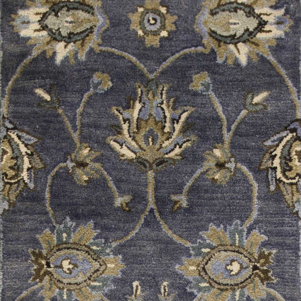 7' Midnight Blue Hand Tufted Wool Traditional Floral Indoor Runner Rug