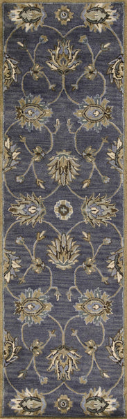 7' Midnight Blue Hand Tufted Wool Traditional Floral Indoor Runner Rug