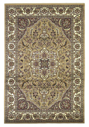 5'x8' Beige Ivory Machine Woven Floral Medallion Indoor Area Rug