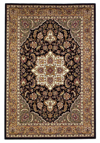 2'x3' Black Beige Machine Woven Floral Medallion Indoor Accent Rug