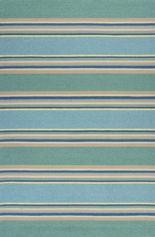 2'x3' Ocean Blue Hand Hooked UV Treated Awning Stripes Indoor Outdoor Accent Rug