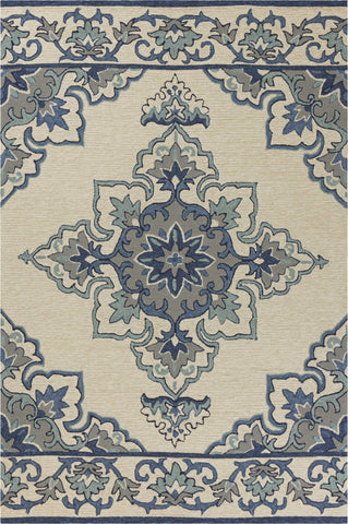 2'x3' Ivory Blue Hand Hooked Floral Medallion Indoor Outdoor Accent Rug