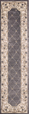 8' Grey Ivory Bordered Floral Indoor Runner Rug