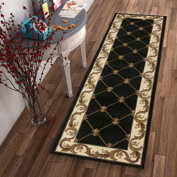 2' x 8' Black Fleur de Lis Runner Rug