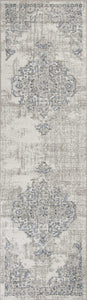 8' Ivory Grey Machine Woven Floral Medallion Indoor Runner Rug