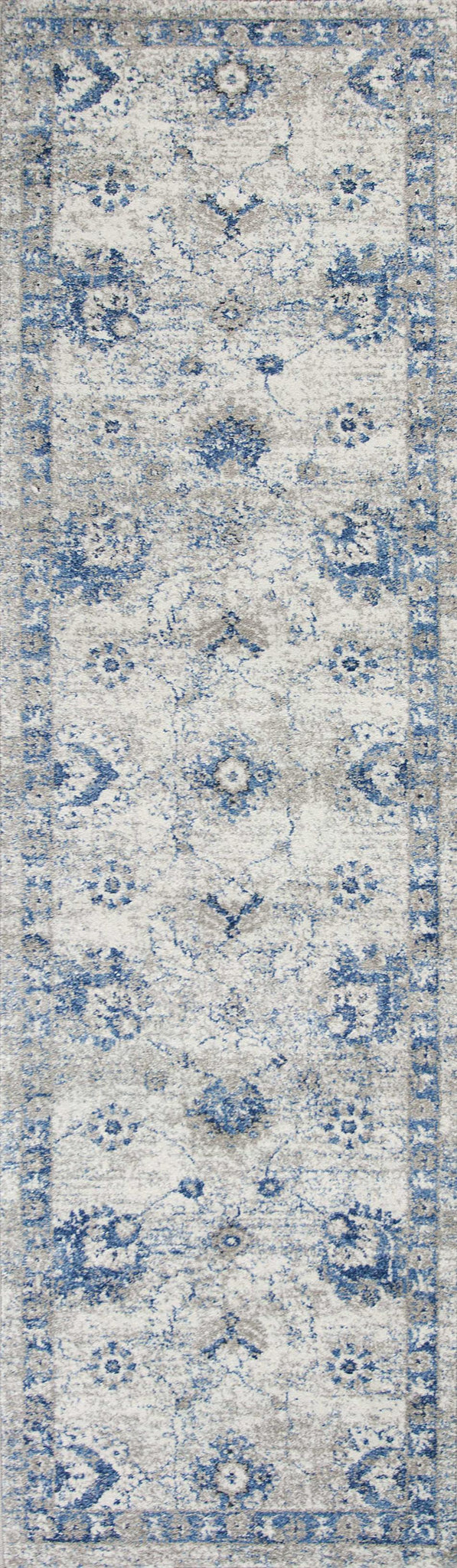 8' Grey Blue Machine Woven Bordered Floral Indoor Runner Rug