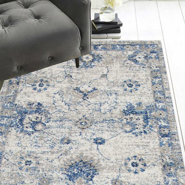 8' Grey Blue Machine Woven Bordered Floral Indoor Runner Rug