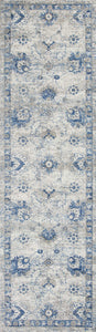 8' Grey Blue Machine Woven Bordered Floral Indoor Runner Rug