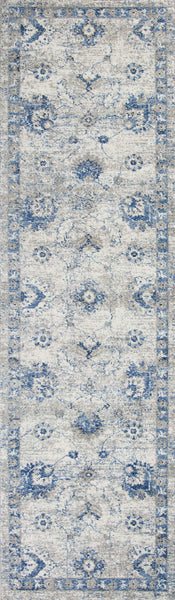 8' Grey Blue Machine Woven Bordered Floral Indoor Runner Rug