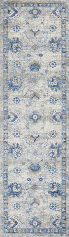 8' Grey Blue Machine Woven Bordered Floral Indoor Runner Rug