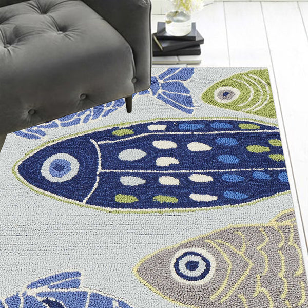 8' Light Blue Hand Hooked Oversized Sea Of Fish Indoor Runner Rug