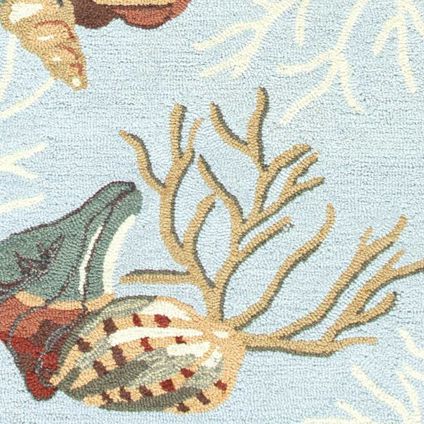 8' Blue Hand Hooked Sea Shells Indoor Runner Rug