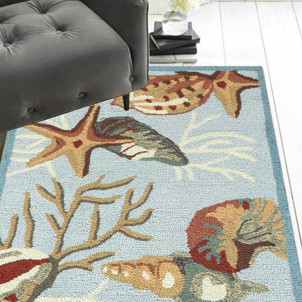 8' Blue Hand Hooked Sea Shells Indoor Runner Rug