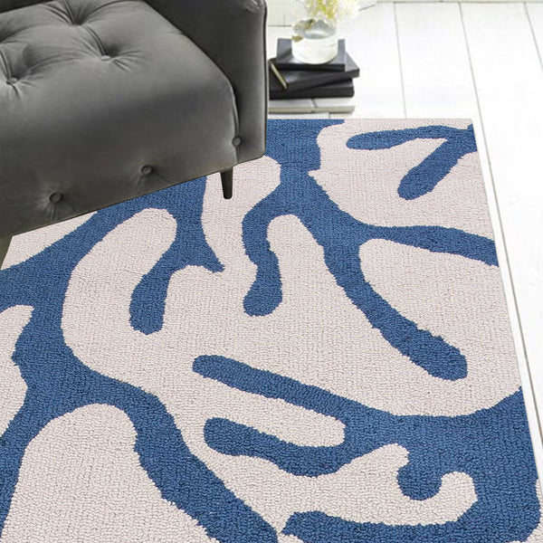 8' Ivory Blue Hand Hooked Oversized Coral Reef Indoor Runner Rug