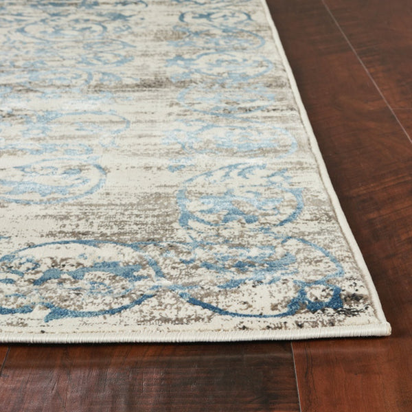 7' Ivory Blue Machine Woven Courtyard Runner Rug