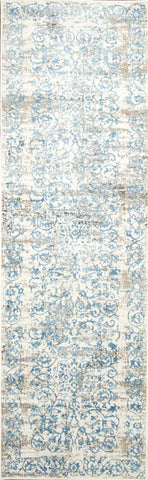 7' Ivory Blue Machine Woven Courtyard Runner Rug