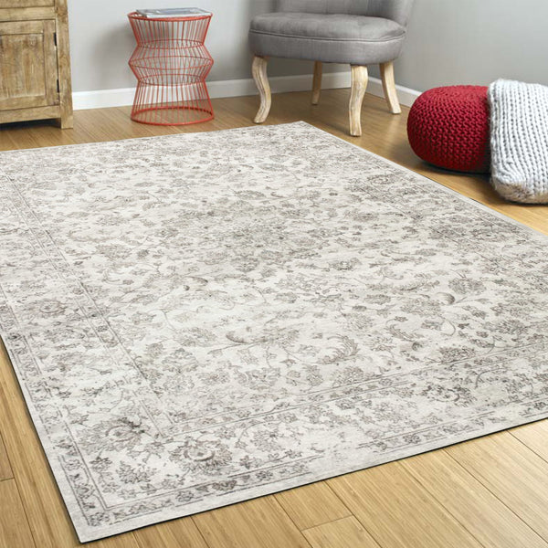 3'x5' Silver Grey Machine Woven Bordered Floral Traditional Indoor Area Rug