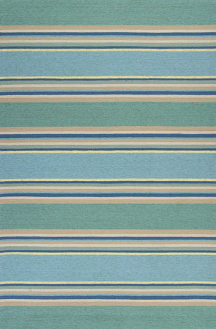 3'x5' Ocean Blue Hand Hooked UV Treated Awning Stripes Indoor Outdoor Area Rug