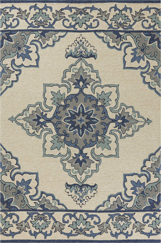 3'x5' Ivory Blue Hand Hooked Floral Medallion Indoor Outdoor Area Rug