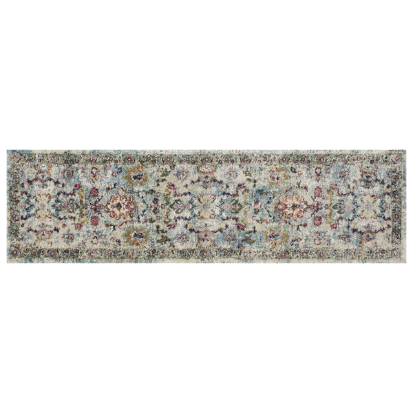 7' Light Blue Machine Woven Distressed Floral Traditional Indoor Runner Rug