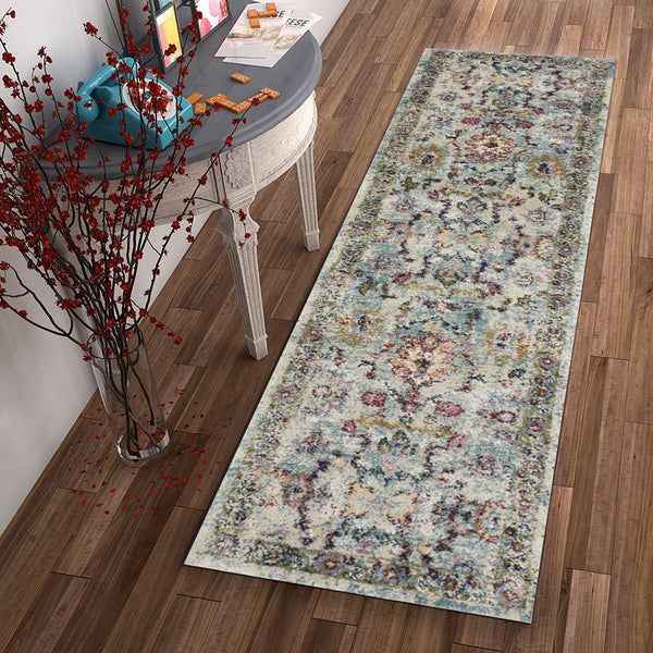 7' Light Blue Machine Woven Distressed Floral Traditional Indoor Runner Rug