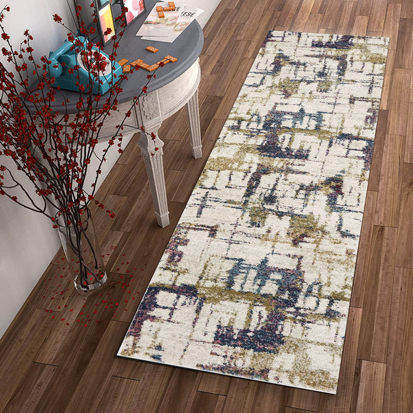 7' Ivory Machine Woven Abstract Brushstrokes Indoor Runner Rug