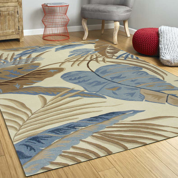 2' x 4' Ivory or Blue Leaves Wool Area Rug