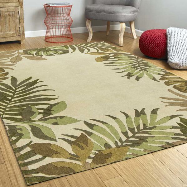 2' x 4' Ivory Leaves Bordered Wool Area Rug