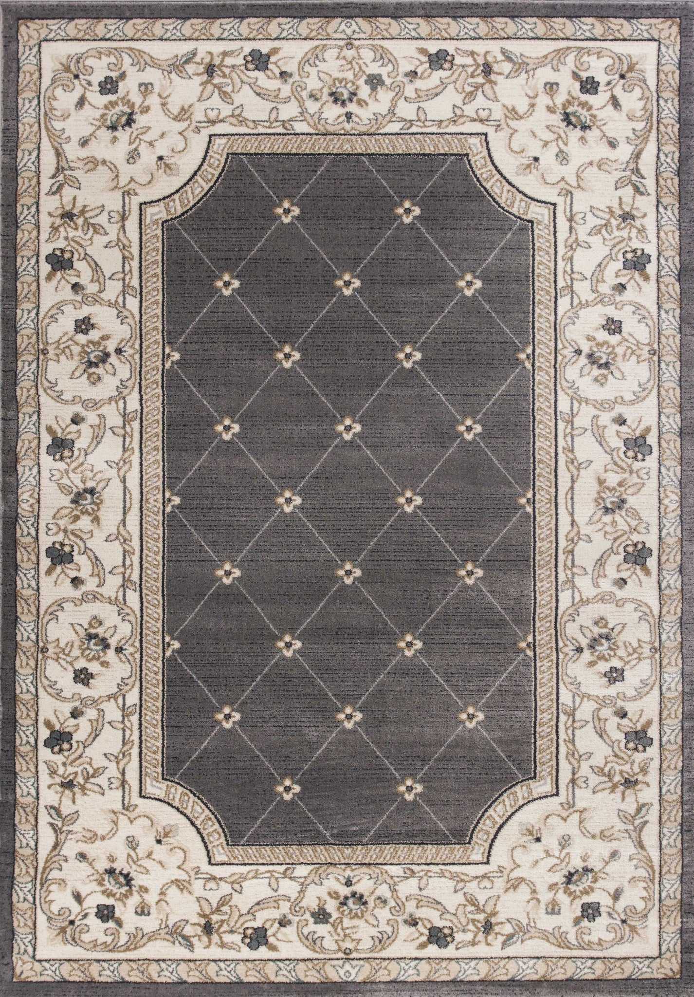 5'x8' Grey Ivory Bordered Floral Indoor Area Rug