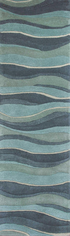 8' Ocean Blue Teal Hand Tufted Abstract Waves Indoor Runner Rug