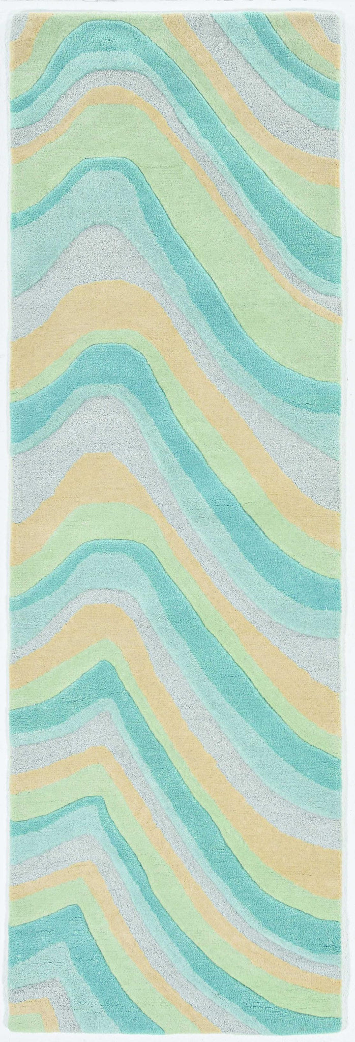 8' Ocean Blue Beige Hand Tufted Abstract Waves Indoor Runner Rug