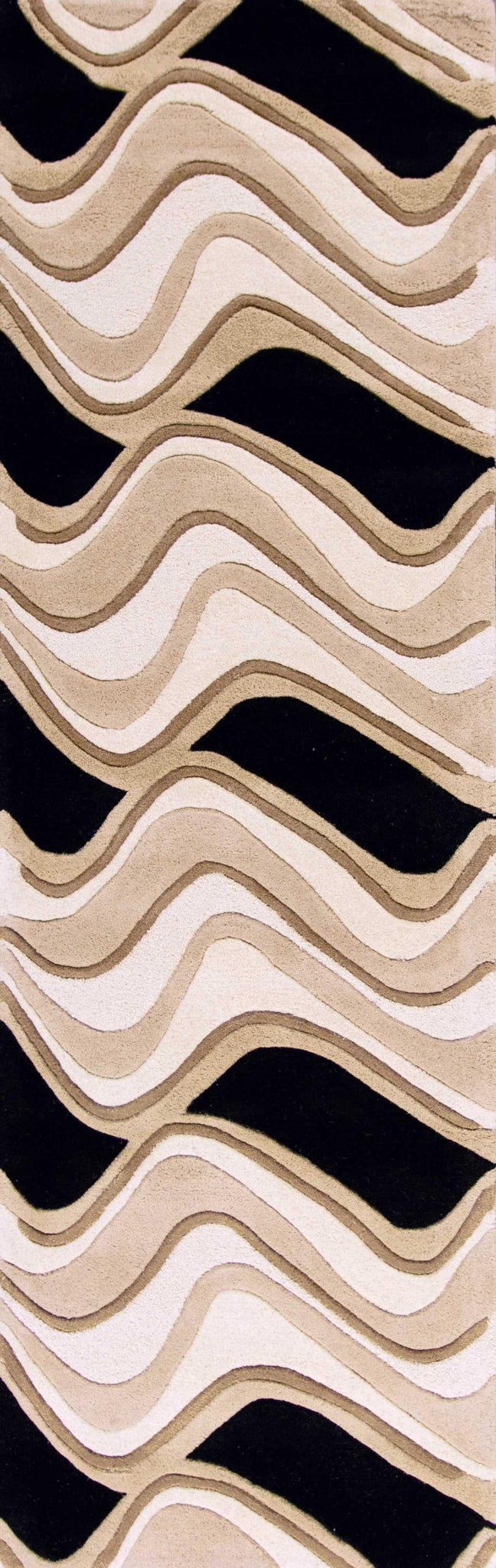 2' x 7' Black or Beige Abstract Waves Wool Runner Rug