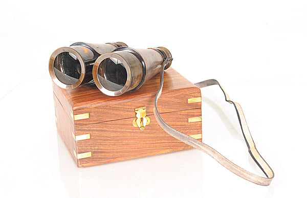 Rustic Brass and Leather Binoculars in Wood Storage Box