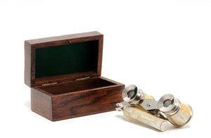 Elegant Mother of Pearl Opera Glasses in Wood Storage Box