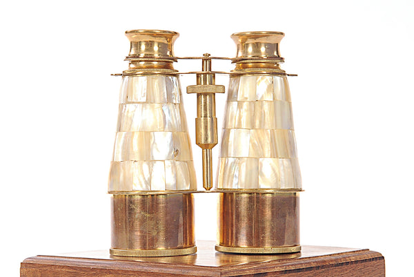 Elegant Brass and Mother of Pearl Binoculars in Wooden Storage Box