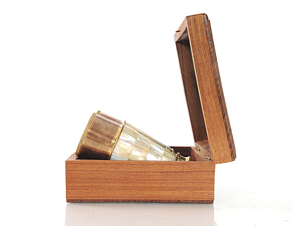 Elegant Brass and Mother of Pearl Binoculars in Wooden Storage Box