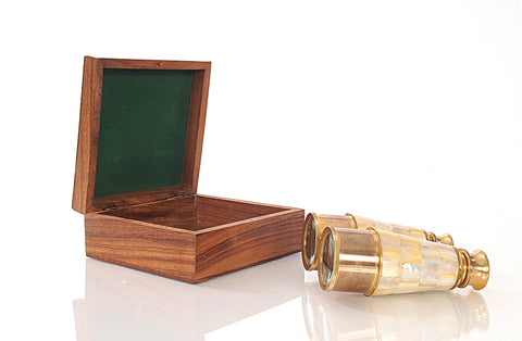 Elegant Brass and Mother of Pearl Binoculars in Wooden Storage Box