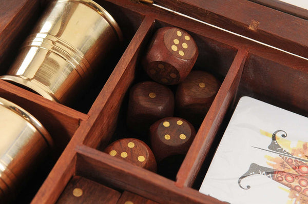 5.25" x 8" x 2.5" Wooden Game Set with Brass Goblet