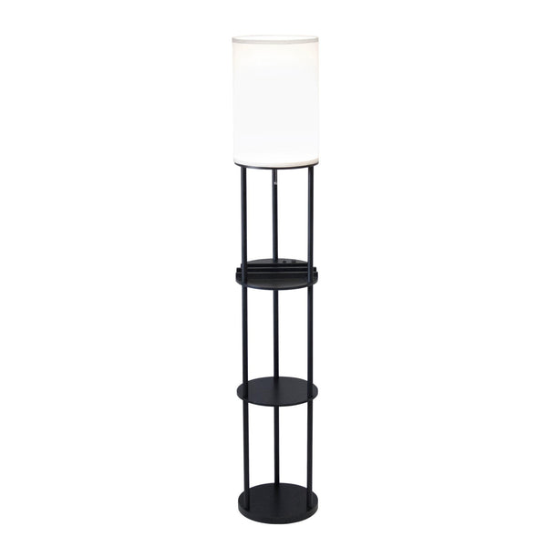 Black Wood Floor Lamp with Circular USB Charging Station Shelf